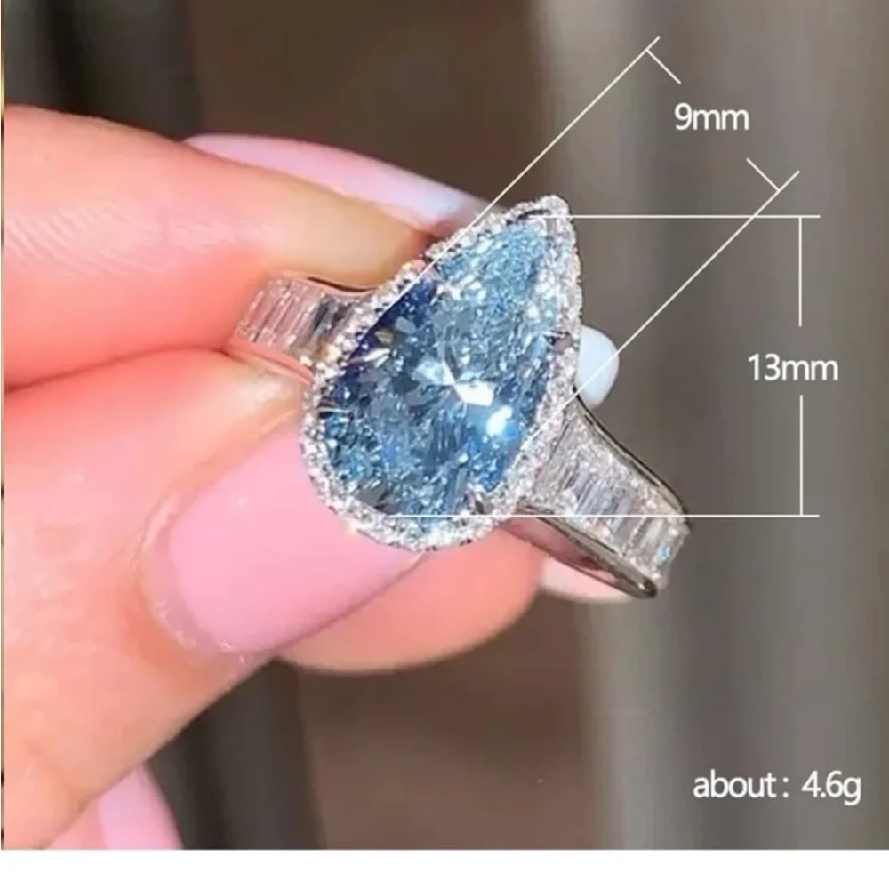 Light sapphire teardrop 2.4CT silver ring with swarovski elements size 9